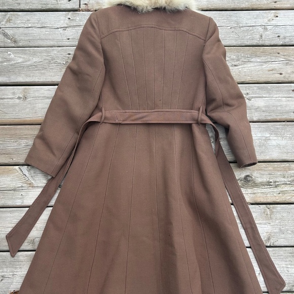 Vintage 60s Wool Coat w/ Fur Collar Pure Virgin Wool Belted Brown Long Coat Anna - Picture 6 of 16